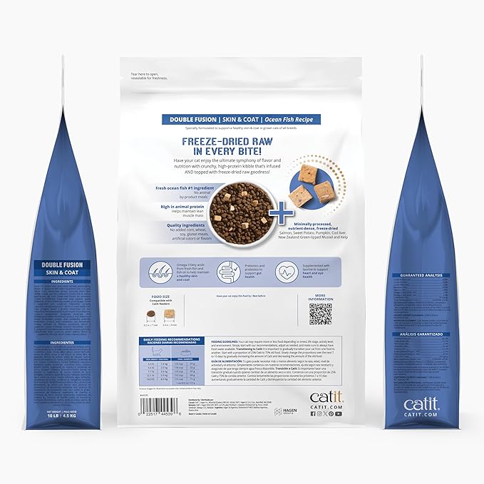 Catit Recipes Double Fusion Skin & Coat Cat Food – Ocean Fish Recipe, High-Protein, Freeze-Dried Raw Toppings, Omega-Rich for Healthy Skin & Fur, No by-Products, Minimally Processed, 10 lb