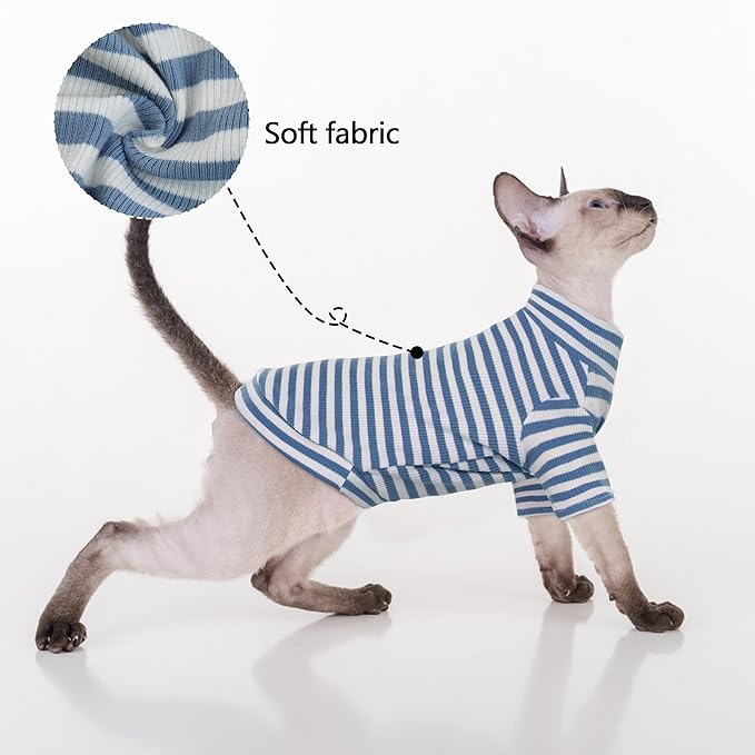 PUMYPOREITY Sphynx Cat Clothes, Soft Hairless Shirt With Sleeves, Stretchy Sweater, Pullover Pajamas Jumpsuit, Turtleneck Outfit for Sphynx Cornish Rex, Devon Rex, Blue, L