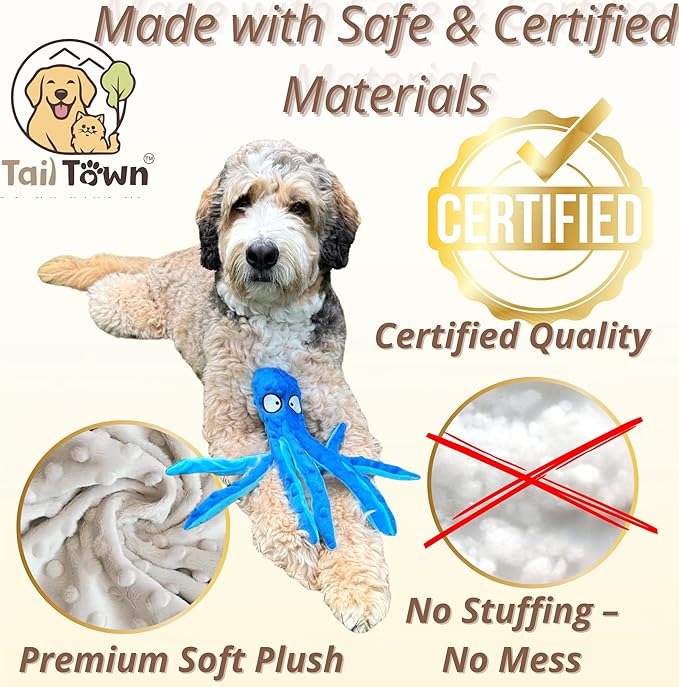 Octopus Dog Toy – Squeaky & Crinkle Plush – Durable No Stuffing Chew Toy for Small, Medium & Large Dogs – Interactive Pet-Safe Soft Toy for Tug, Fetch & Play – Blue– Tail Town