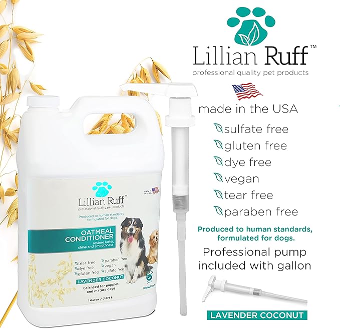Lillian Ruff PRO Formula Oatmeal Dog Conditioner - Nourishing & Calming Relief for Allergies & Sensitive Skin - Detangles, Softens & Adds Shine with Oatmeal, Coconut Oil & Lavender - USA (Gallon+Pump)