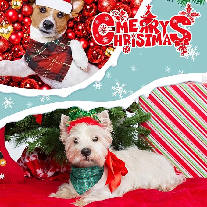 Sanwuta 50 Pieces Christmas Dog Bandanas Bulk, Classic Plaid Dog Bandanas, Triangle Scarf Plaid Kerchief for Small to Large Puppy Pet Cats(25.6 x 17.7 x 17.7 Inch)