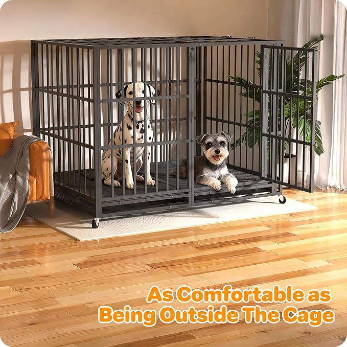 Heavy Duty Indestructible Dog Crate 60 Inch with Removable Tray, Sizes & Colors Optional, Escape Proof Double Door High Anxiety Cage Indoor, Kennel with Wheels for Large Dogs, XL XXL XXL