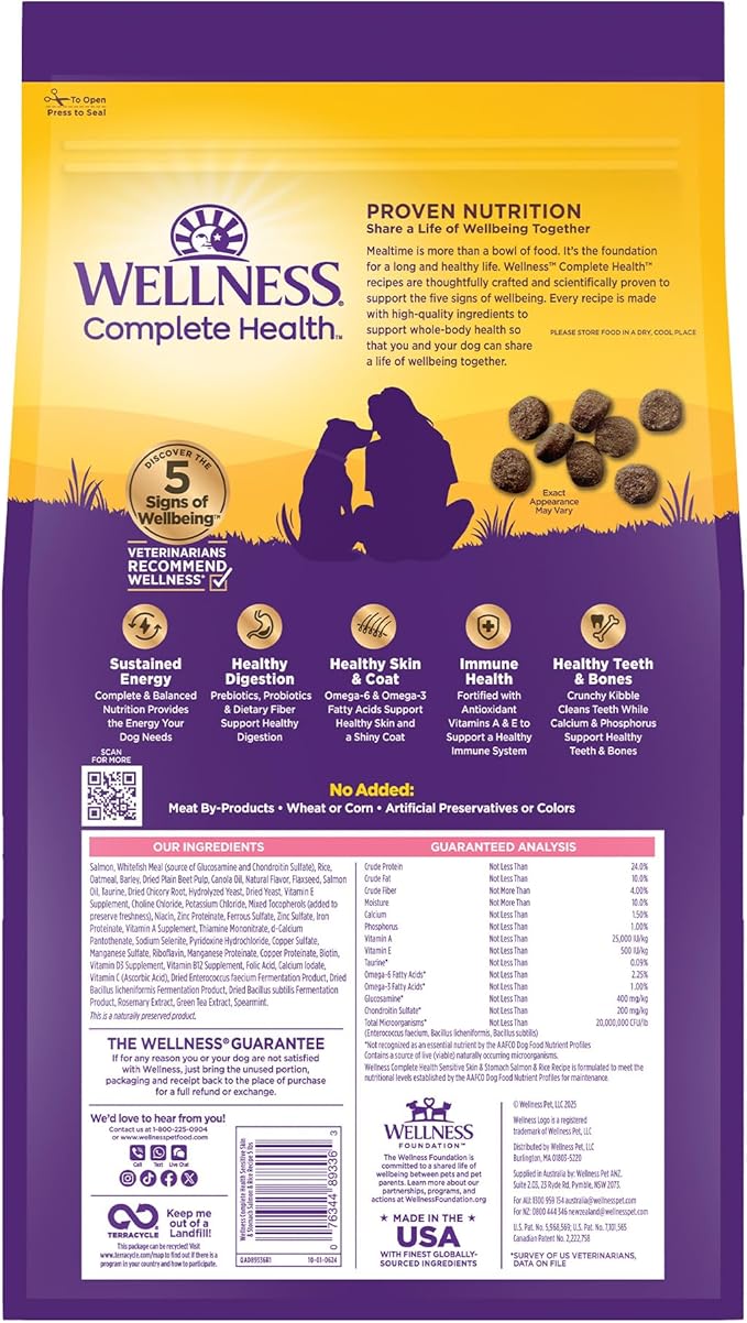 Wellness Complete Health Sensitive Skin & Stomach Dry Dog Food, Wholesome Grains, Natural, Salmon & Rice Recipe, (5-Pound Bag)