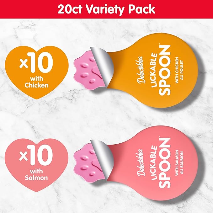 Delectables Lickable Spoon Handheld Wet Cat Treats Made with Real Salmon, Quick & Easy Creamy Puree, Mess Free, Grain-Free, No Added Fillers, No By-Products, No Added Preservatives, Variety Pack, 20ct