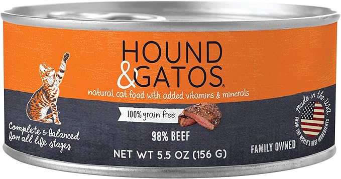 Hound & Gatos Wet Cat Food, 98% Beef, Grain Free Pate Cat Food, Real Meat, High Protein, Limited Ingredients, No Additives, 5.5 oz. Cans (Pack of 24)