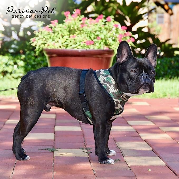 Parisian Pet Adjustable Freedom Dog Harness - Green Camo Vest - 100% Mesh Fabric Cooling - Ideal for Outdoor Adventures - Large to XL Sized Dogs