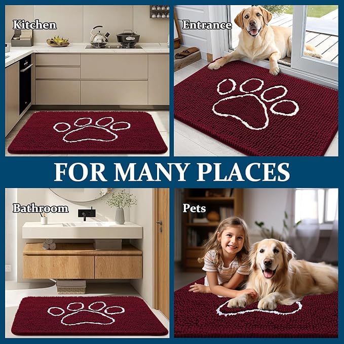 OLANLY Dog Door Mat for Muddy Paws 47x32, Paw Print Design, Absorbs Moisture and Dirt, Absorbent Non-Slip Washable Doormat, Quick Dry Chenille Mud Mat for Dogs, Entry Indoor Entryway Carpet, Burgundy