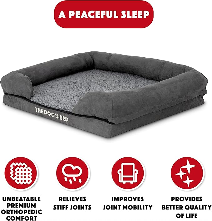 The Dog’s Bed, Small Plush Grey, Memory Foam, Pain Relief: Arthritis, Hip & Elbow Dysplasia, Post Surgery, Lameness, Supportive, Calming, Waterproof Washable Cover