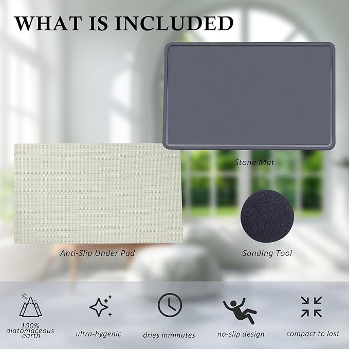 Extra Large Stone Dog Food Mat,Absorbent Cat Dog Mat for Food and Water, Quick Drying Pet Feeding Mat, Anti-Slip Diatomaceous Earth Dog Bowl Mat for Messy Drinkers,Dark Grey 23.6''x15.35''