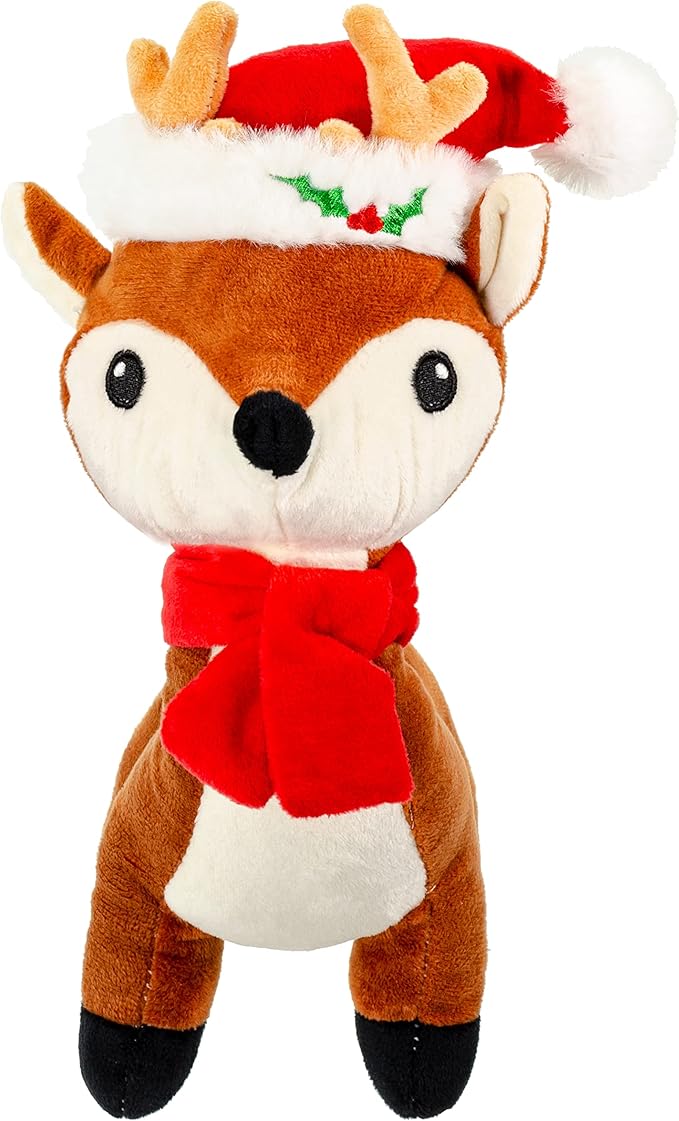 Giftable World Holiday Plush Pet Toy Fun for Christmas Designs with Squeaker Dog Chew Toy (10" Reindeer w/Hat & Squeaker)