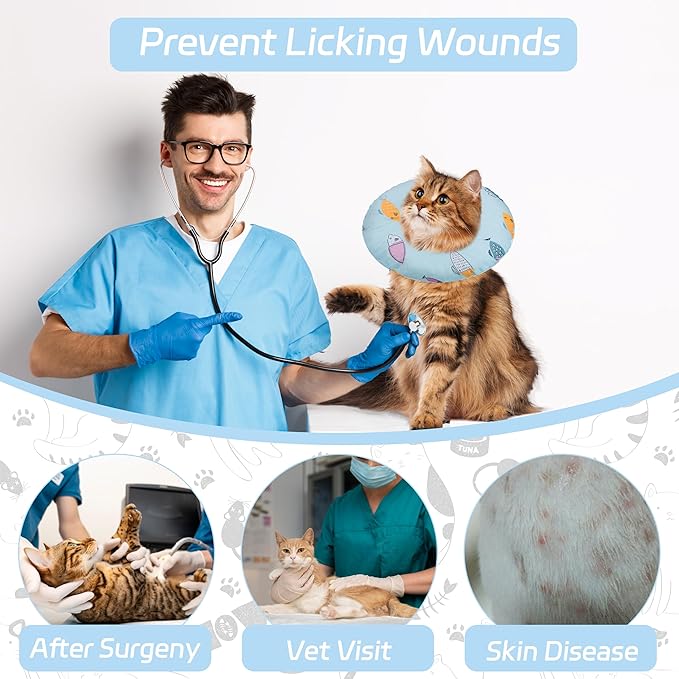 Cat Cone Collar Soft, Kitten Spay Soft Cones to Stop Licking, Cat Neck Donut Pillow After Surgery, Kittens Protective Collar After Spay, Cute Recovery Cone for Cats (Blue Fish, Small)
