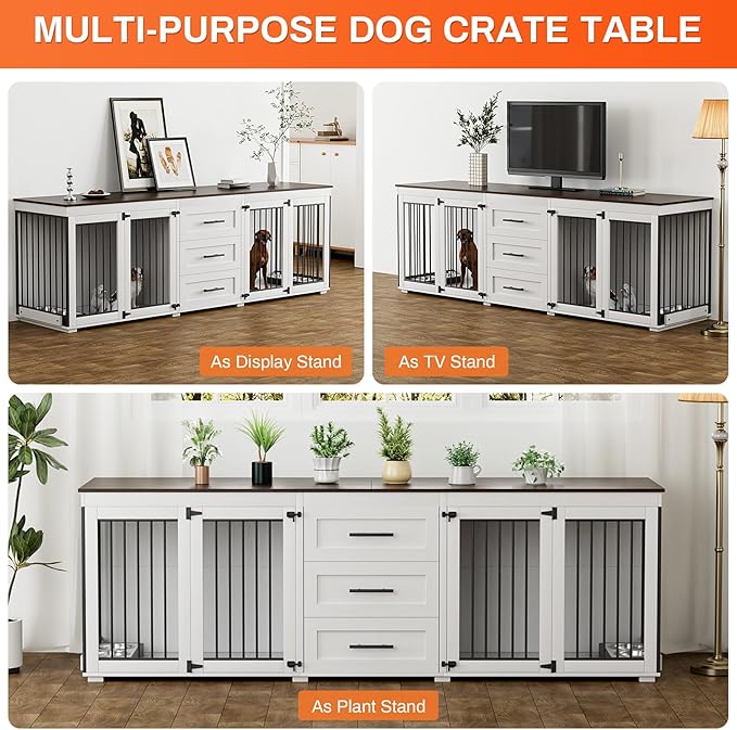 Rophefx 94.5" Dog Crate Furniture for 2 Dogs, Large Dog Kennel Furniture with 3 Storage Drawer, Wooden Dog Cage with 4 Bowls, Indoor Dog House TV Stand with Locks for Large Medium Dog, White