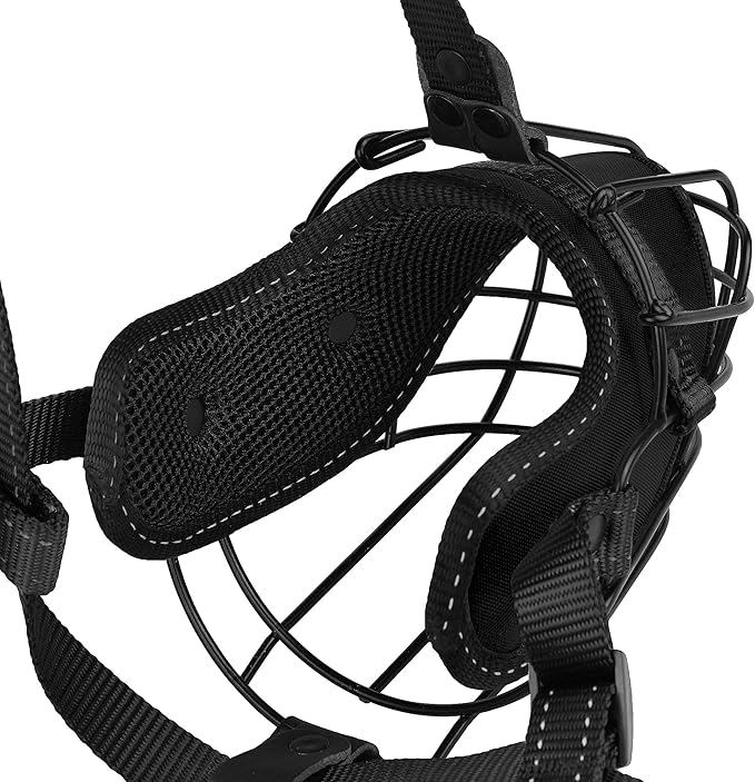 OOPSDOGGY Pitbull Dog Muzzle - Reflective Metal Mask with Wire Basket for Large Dogs - Soft Cage Muzzle to Prevent Biting & Chewing - Adjustable Nylon Straps (Black)