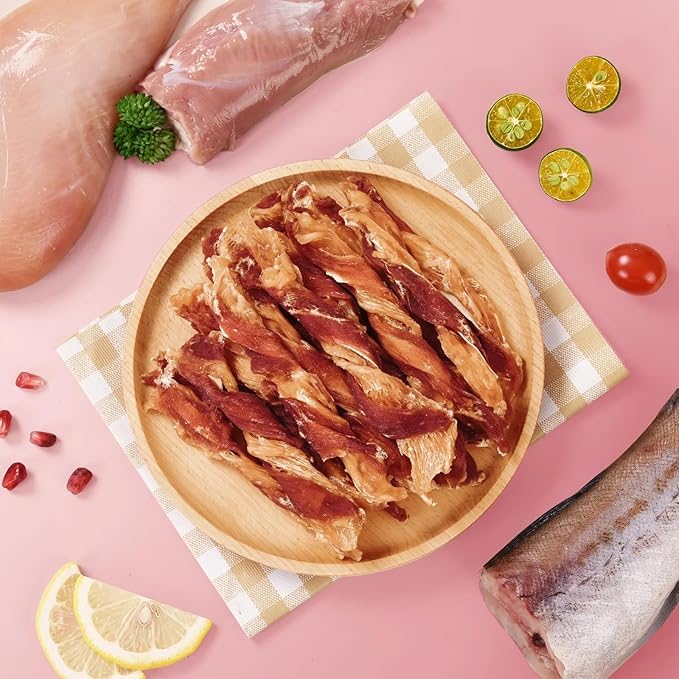 Dog Jerky Treats, Triple Flavor Chicken Duck Wrapped Cod Twisted Sticks 5'', Rawhide Free Grain Free Dog Training Snacks Chews for Small Medium Large Dogs, 10.6oz