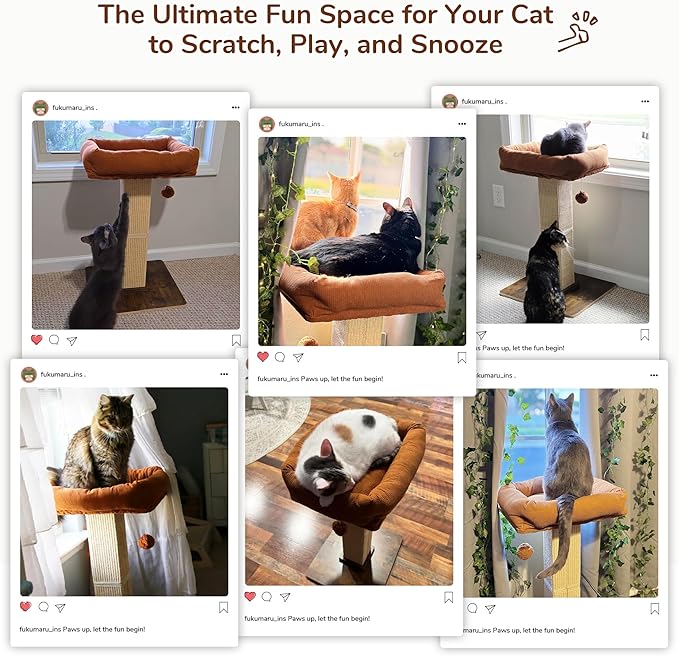 FUKUMARU Cat Scratching Post, Retro-Style Tall Scratch Posts with Perch for Infoor Cats Adults, Large Cat Scratcher Tower with Bed, Natural Sisal & Solid Wood