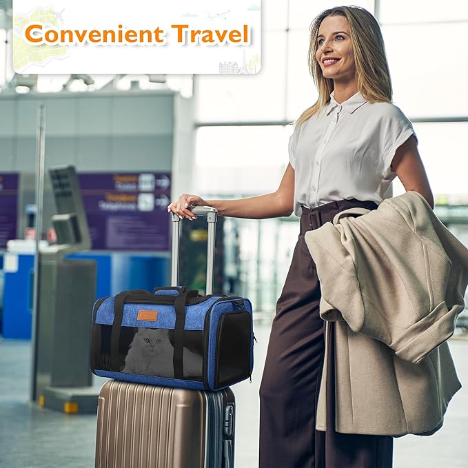 PETUX TSA Approved Pet Carrier in Cabin, 17"x11"x9.5" Soft Cat Carriers for Small Cat up to 12 lb, Top-Open Portable and Breathable Pet Carrier Airline Approved for Travel and Vet Visit, Blue