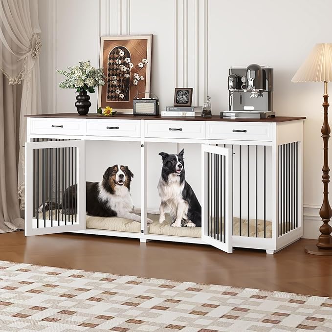 Extra Large Dog Crate, 86.6" Heavy Duty Wooden Dog Cage Furniture Dog Crate Kennel with Drawers & Removable Divider,Indoor Luxury Dog House with Double Rooms for XL L Breed Dogs, White