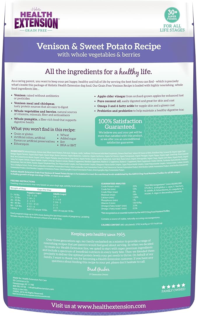 Health Extension Grain Free Venison & Sweet Potato Dry Dog Food (10 lb / 4.54 kg) - Lean Protein Formula for Dogs with Poultry Allergies & Sensitive Stomachs