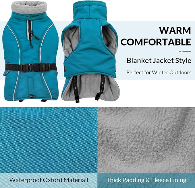 Queenmore XL Dog Coat, Winter Dog Jacket for Large Dogs, Waterproof Puffy Dog Snowsuit, Adjustable Reflective Fleece Lining Warm Padding Parka for Cold Weather, Blue XL