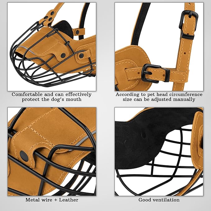 OOPSDOGGY Metal Pitbull Dog Muzzle Reflective Leather Mask Secure Wire Basket Muzzle for Large Sized Dogs Amstaff Soft Cage Muzzle to Prevent Biting Chewing with Adjustable Straps (Camel, Pitbull)