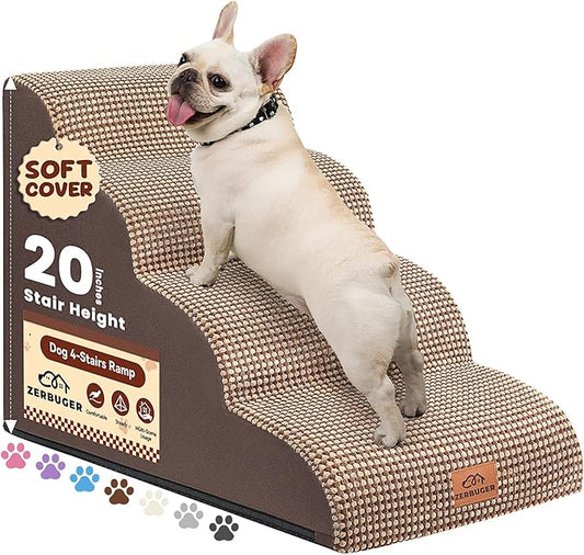 Dog Ramp and Stair for Bed 16" H-20 H,3-Step Cat Stair for Sofa and Chair,4-Step Dog Ramp for High Bed and Window,Durable Nonslip Fabric Cover for Indoor (Coffee-20 H, Pet Friendly, 4)