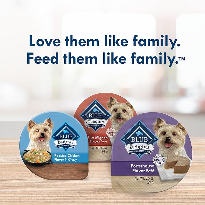 Blue Buffalo Delights Natural Adult Small Breed Wet Dog Food Cups, Pate Style, Porterhouse Flavor in Savory Juice 3.5-oz (Pack of 12)