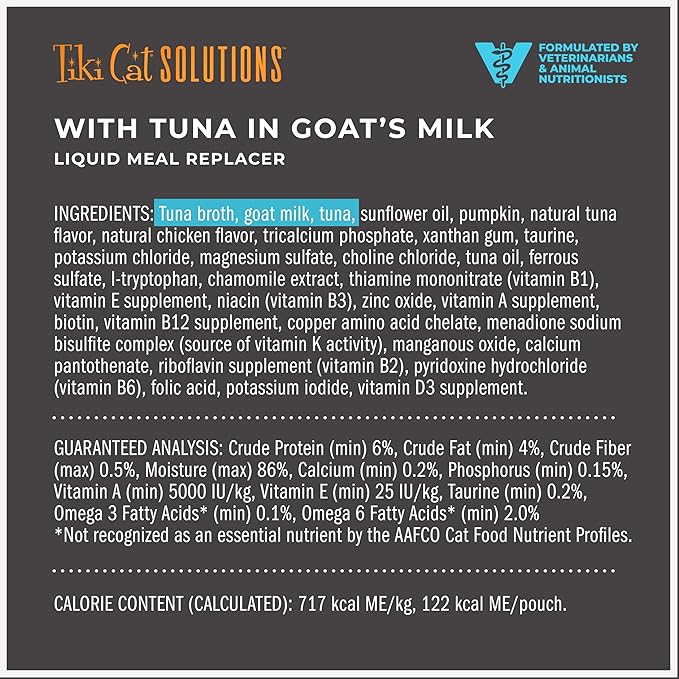 Tiki Cat Solutions Liquid Meal Replacer Wet Cat Food, Tuna in Goat's Milk, 6 oz. Spout Pouch (6 Count)