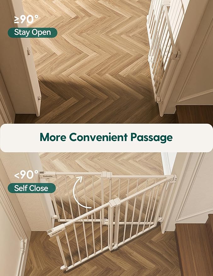 Babelio 29.7-46.5" No Bottom Bar Baby/Dog Gate for Stairs, House and Doorways, Auto Close Safety Pet Gates with Large Walk Thru Door, Hardware Mount, White