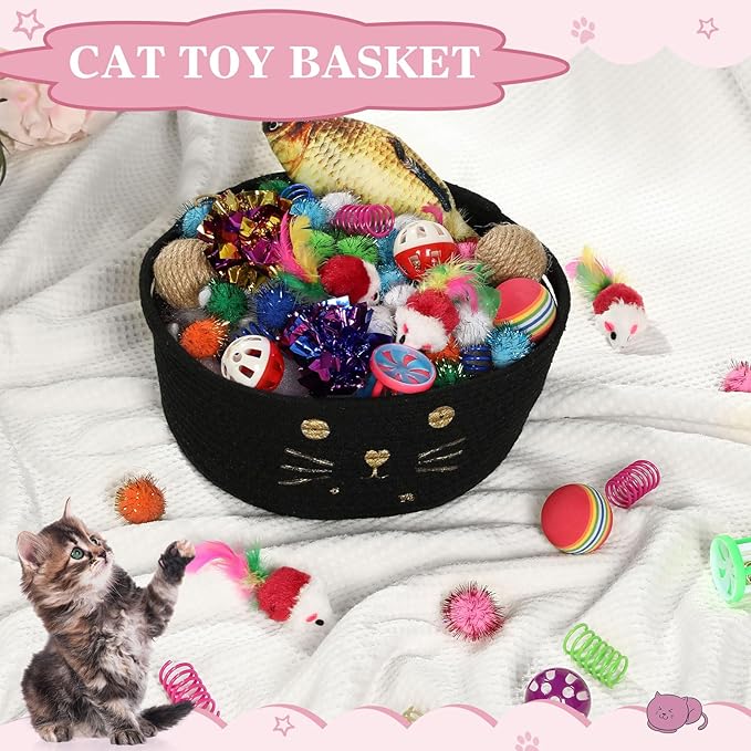 Zopeal 58 Pcs Cat Storage Basket Gift Toys Set, Colorful Flashing Balls Pet Bell Crinkle Balls Spring Toys Attract Cat to Swat, Bite, Hunt, Interactive for Pet(Black,9.8 Inch)