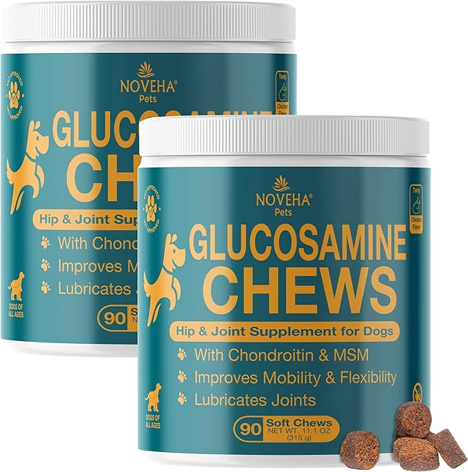 NOVEHA Dog Glucosamine Chews | Hip and Joint MSM Formula for Dogs Joint Care | Senior Pet Joint Health Supplement | Premium Glucosamine and Chondroitin for All | 2PK - 90 Soft Chews; Chicken Flavor