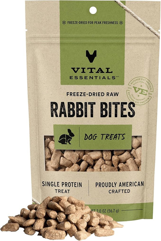 Vital Essentials Rabbit Bites Dog Treats, 2 oz | Freeze-Dried Raw | Single Protein | Premium Quality High Protein Training Treats | Grain Free, Gluten Free, Filler Free