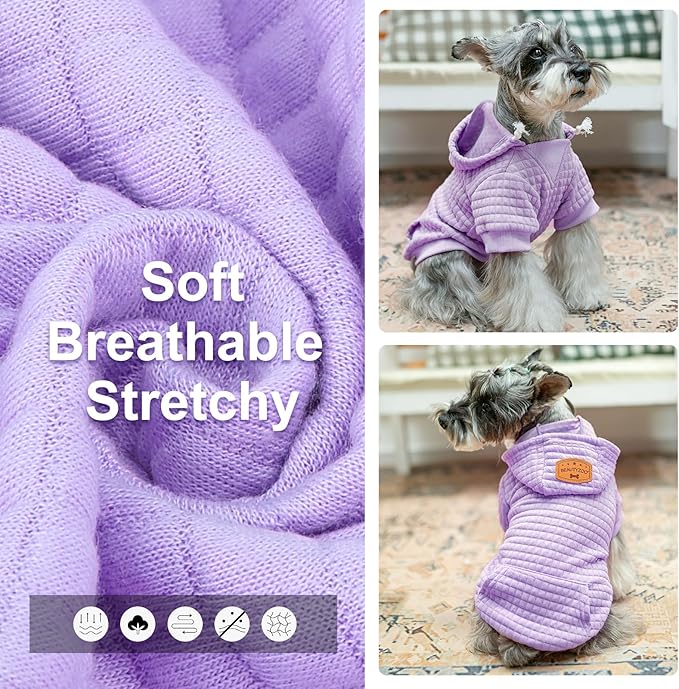 BEAUTYZOO Small Dog Hoodie Sweater with Pockets, Dog Clothes for Small Medium Dogs Boy Girl, Waffle-Like Laminated Cotton Pet Coats with Hat and Leash Hole, Purple S