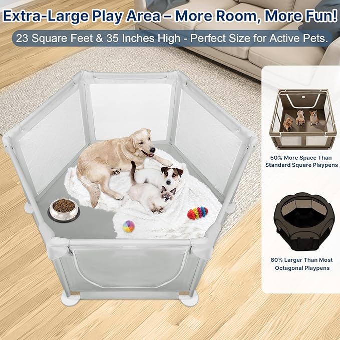 69.3"x69.3"x34.65" Extra Large Dog Playpen Indoor, Tall Puppy Playpen with Removable Roof, Sturdy Fabric Dog Pen for Medium to Large Pets, Spacious Hexagonal Pet Playpen Indoor for Comfort & Security