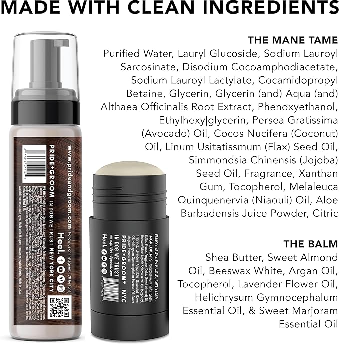 Pride and Groom The Tool Kit – Dog Grooming Gift set of 7.1oz of Foaming Waterless Shampoo, 2.5oz of Moisturizing Balm, and a Versatile Brush to Cleanse, Moisturize, Detangle and More in Between Baths