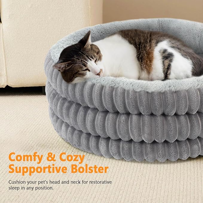 Heated Cat Bed Indoor, 20" Round Donut Deep Sleep Calming Heated Pet Beds for Cats and Small Dogs, Comfort Electric Thermal Cat Warming Bed with Adjustable Heating Pad, Washable and Indoor Use