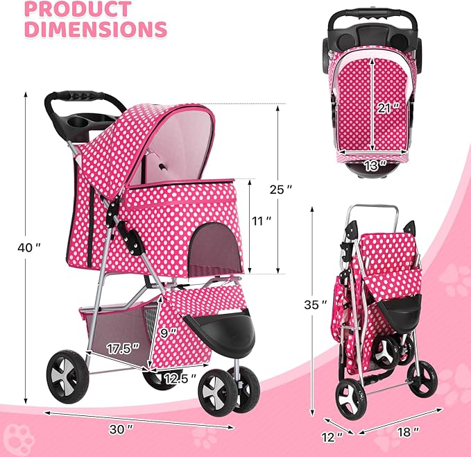 Magshion 3-Wheel Pet Stroller, Foldable Travel Jogger for Small & Medium Dogs & Cats (Up to 33lbs), Lightweight Carrier with Breathable Mesh Cover, Cup Holder & Storage Basket, Hot Pink Polka Dots