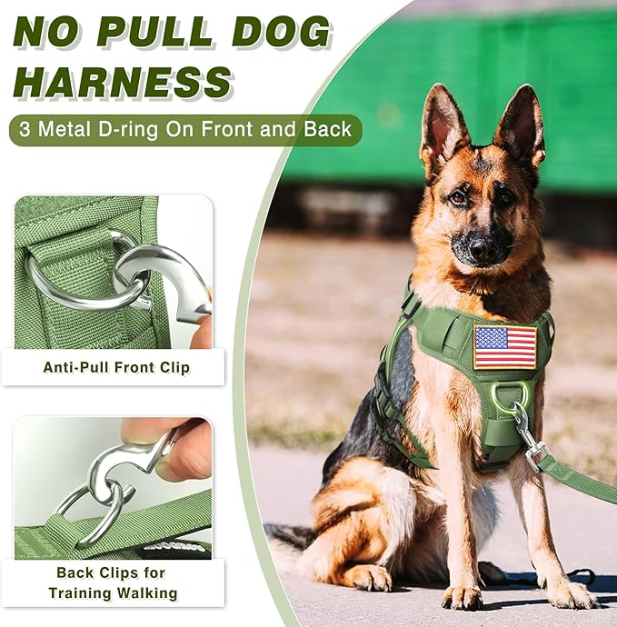 Tactical Service Dog Vest Harness and Leash Set,Heavy Duty Dog Harness with Metal Buckles for Large Dogs,Adjustable No Pull Pet Vest with 10 Patches,for Training Working Hiking,Green XL