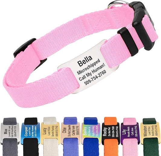 GoTags Personalized Dog Collar with Nameplate, Adjustable Dog Collar with Custom Engraved Slide On Pet ID Tag in Stainless Steel, Silent, No Noise Dog Tag for Large Medium and Small (Pink, Large)