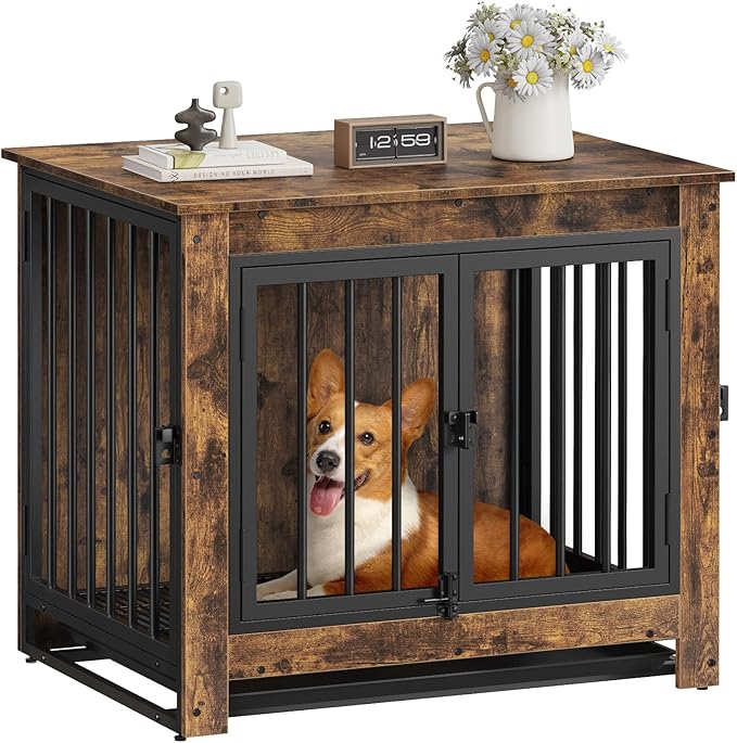 Dog Crate Furniture, Dog Crate End Table for Small and Medium Dogs,Wooden Cage Kennel Furniture Indoor, Modern Dog Crate with Multi-Purpose Removable Tray, Double-Doors Dog Furniture, Rustic Brown