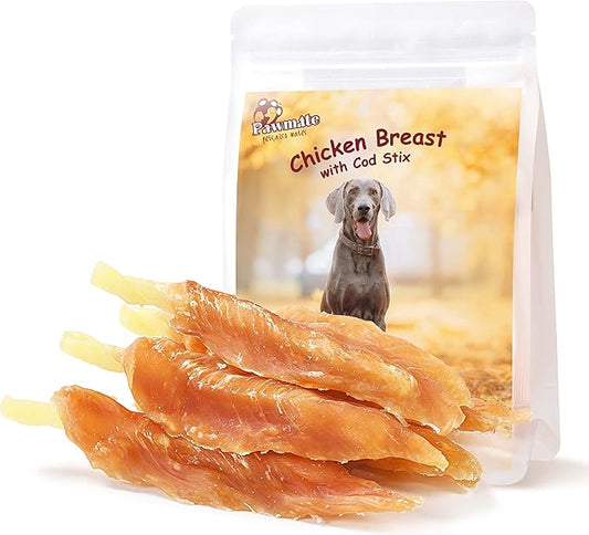 Dog Treats Chicken Tender Wrapped Cod Sticks, Rawhide-Free High Protein Dog Jerky Soft Chews, Healthy Training Snacks for Small Medium Large Dogs, 9-10 Counts, 10.6oz