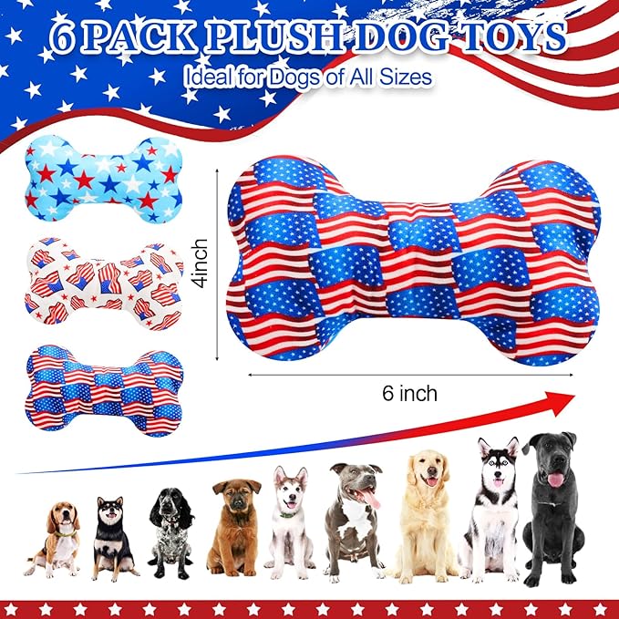 6 Pack Patriotic Dog Squeaky Bone Toys Plush Interactive Dog Pets Birthday Bone Shape Stuffed Chew Toys for Puppy Small Medium Large Squeak Toss Play
