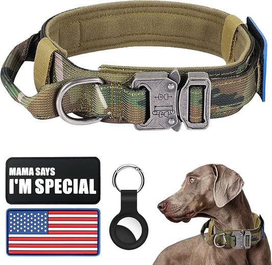 Tactical Military Dog Collar - Adjustable Nylon, Heavy Duty Metal Buckle With Handle for Training, With Patches (Camo, L)