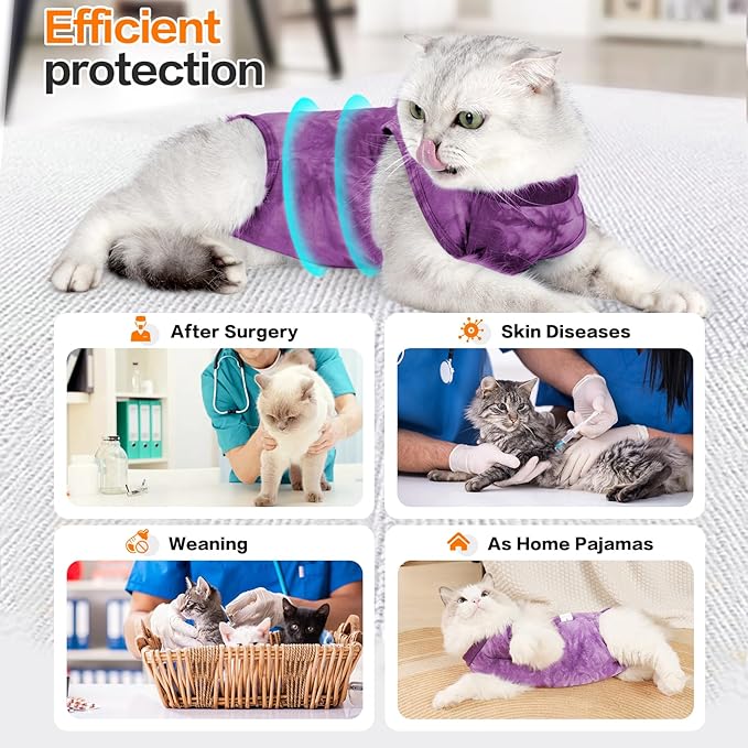 Cat Recovery Suit - Abdominal Wounds Cat Onesie, Cone E-Collar Alternative, Purple S