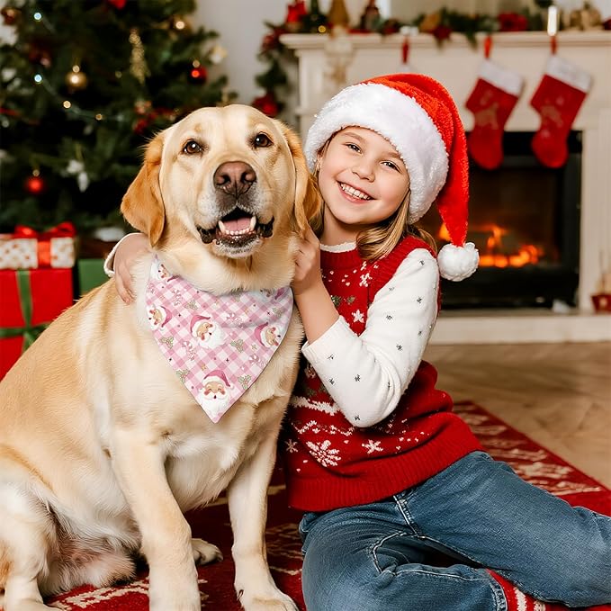 Pink Christmas Dog Bandanas 2 Pcs, Pink Pet Scarf for Dog Girl, Cute Triangle Puppy Scarf Kerchief Bandana Small Medium Pet Dogs On Xmas, Christmas Father Xmas Tree Print Gifts for Dogs Lovers