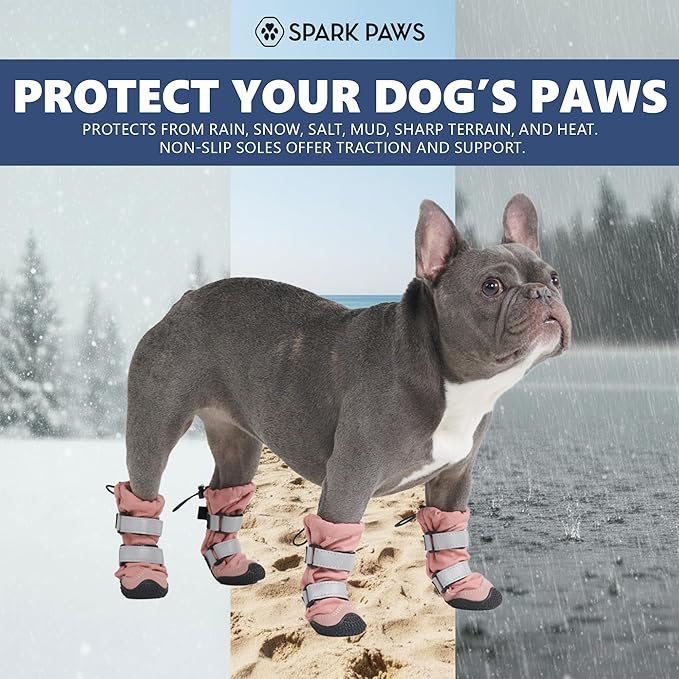 Spark Paws Dog Shoes, Waterproof Dog Boots for Medium to Large Dogs, Non Slip, Breathable Dog Booties and Paw Protectors - 4PCS Doggie Hiking Boots with Reflective Straps - Pink, Size 1