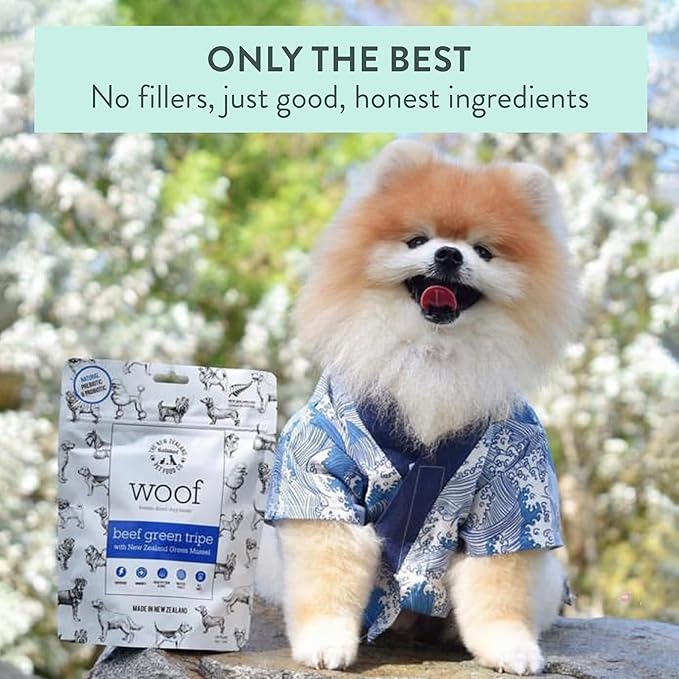 The New Zealand Natural Pet Food Co WOOF Freeze Dried Dog Treats - Beef Green Tripe, High Protein, Treats Small & for Large Dogs, Natural, Topper or Dog Treat, 1.4 oz