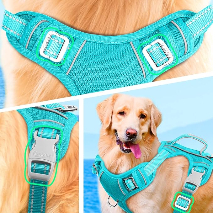 BARKBAY No Pull Dog Harness Large Reflective Dog Harness with Front Clip and Easy Control Handle for Walking Training Running with ID tag Pocket(Ocean Blue,L)
