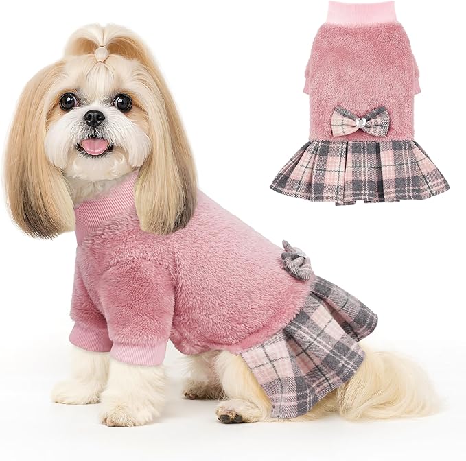 YUDODO Fleece Small Dog Sweater Dress with Bowtie, Female Fall Winter Warm Dog Clothes, Princess Sweater Dress for Small Dogs Girl (Pink, Large)