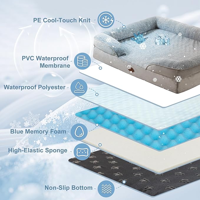 Cooling Pet Bed for Medium Dogs and Cats, Waterproof Orthopedic Dog Sofa Bed, Supportive Foam Pet Couch Bed with Washable Removable Cover, Waterproof Lining and Nonskid Bottom(Medium, Grey)