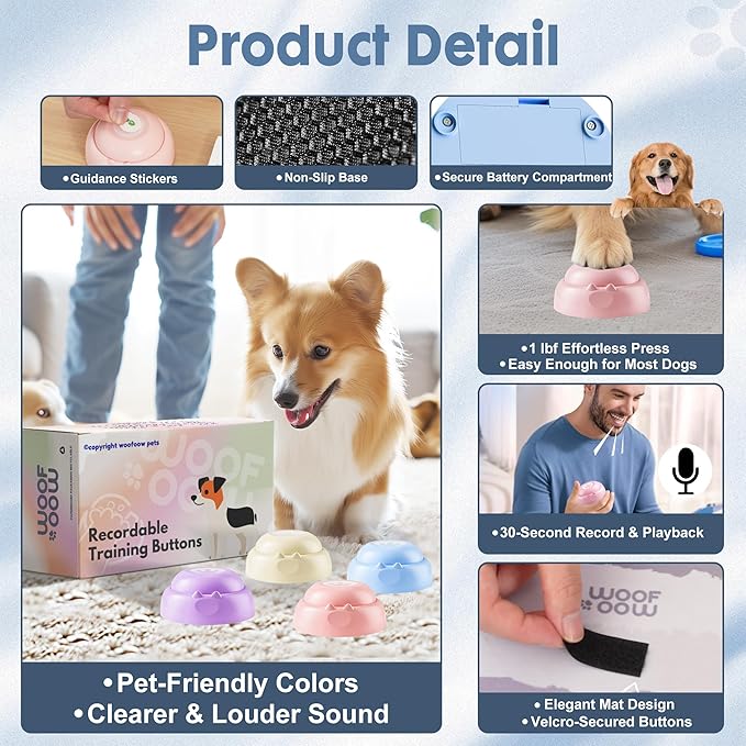 Recordable Dog Buttons, Loud 30-sec Voice Recording Buttons, Pet, Dog, Cat Buttons for Communication, Training and Talking Buttons for Small Dogs, with Mat, Training Manual, Stickers, 4 Buttons